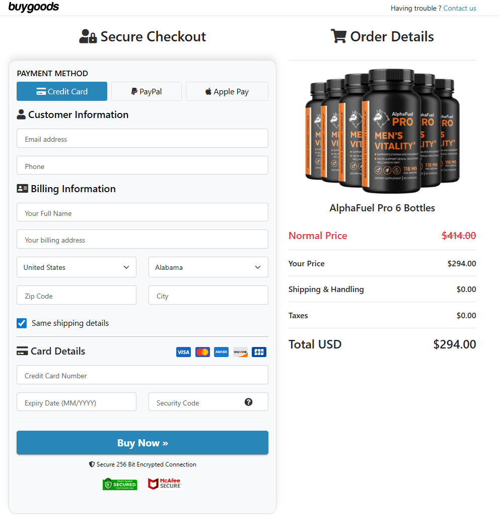 AlphaFuel Pro order page